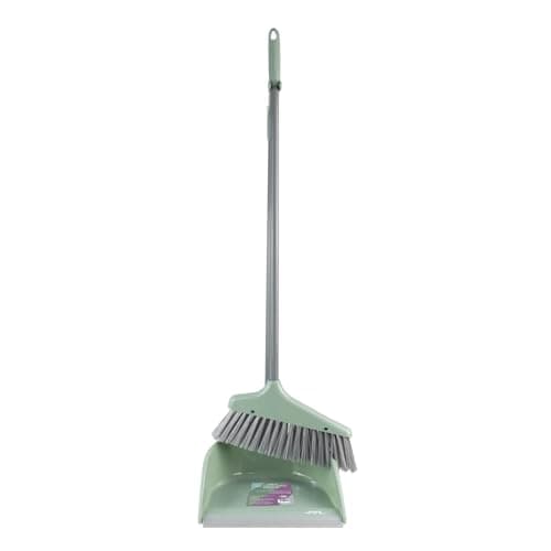 Image of JVL Long Handle Dustpan and Brush Set – Upright Broom and Pan, Stand Up Cleaning Set, Easy Sweep Floor Cleaner, Green