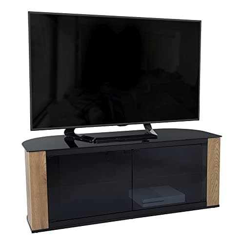 Image of AVF Gallery Corner TV Stand, 1200, Rustic Wood - Black Glass TV Unit With A Rustic Wood Accent - 1.2m Wide - For Up to 60" Screen Size - IR Friendly Doors - Curved Back Design - FS1200GARW