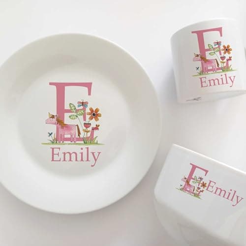Image of Personalised Unicorn Dinner Set- Girls Ceramic Christening Plate, Cup and Bowl Breakfast Setting - Custom Name My First Birthday -Special Keepsake Gift.