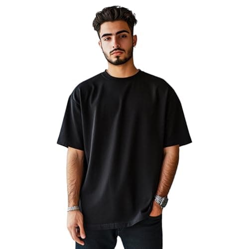 Image of Mens 100% Cotton Oversized T-Shirt Plus Size Streetwear Baggy Style Top Dropped Shoulders Black Tall Tee (Black, M)