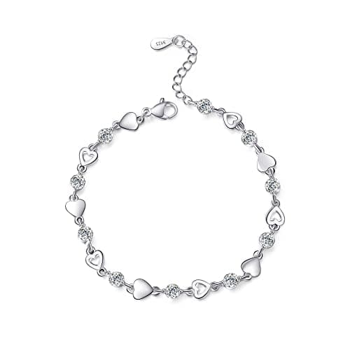 Image of EXGOX Sterling Silver Heart Bracelet for Women - Dainty 925 Silver With Shiny Crystal Diamond, Adjustable Love Heart Design for Girls, 6.5 Inch