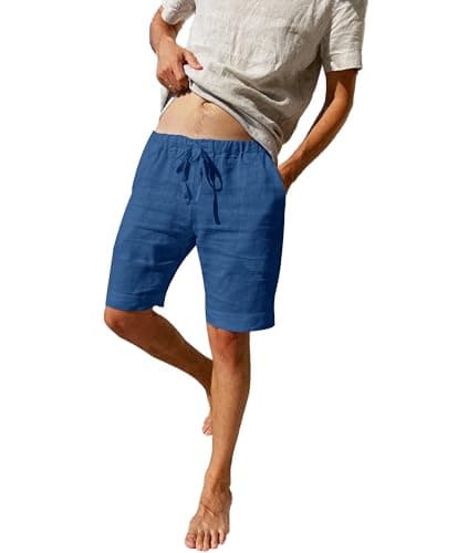Image of LVCBL Men's Lightweight Blue Linen Shorts - Breathable Beach Shorts for Men with Elastic Waist Blue XL