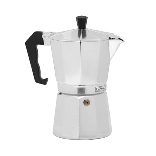 Image of Royalford Moka Express Stovetop Coffee Maker | Aluminium Italian Coffee Maker Pot | Cafeteria Percolator for Ground Coffee Latte Mocha Cappuccino Macchiato | Gasket & Filter Included, 150ML, 3 Cups