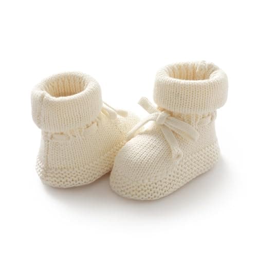 Image of Hadetoto Cotton Baby Booties Knit Newborn Shoes Soft First Wakers Warm Bootie for Infant Girl Boy (Cream, 0-3 months, Infant, 0 Months, Age Range, UK Footwear Size System, 3 Months, Medium)