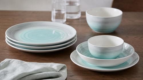 Image of 24pc Waterside Grey & Aqua Spinwash Porcelain Dinner Set; 6 Dinner Plates, 6 Side Plates, 6 Soup Bowls & 6 Deep Bowls - Dishwasher & Microwave Safe