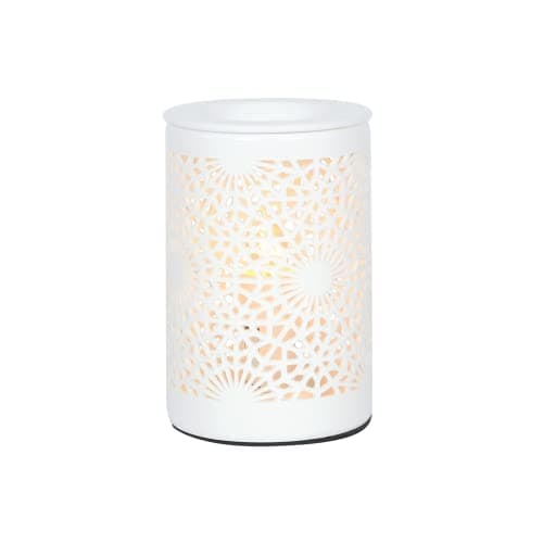 Image of Elegant White Lace Cut-Out Design Electric Oil Burner - 15cm x 9.5cm (1 Pc.) - Class 2, CE Certified, 230V/25W, Perfect For Aromatherapy & Home Decor