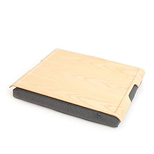 Image of Bosign Laptray with bean bag cushion. Portable Lap desk for Laptop, Breakfast, Dinner. Non-slip tray. Washable, removable cushion cover. Natural Ash wood. Grey cushion. LARGE (46x38x6,5 cm)
