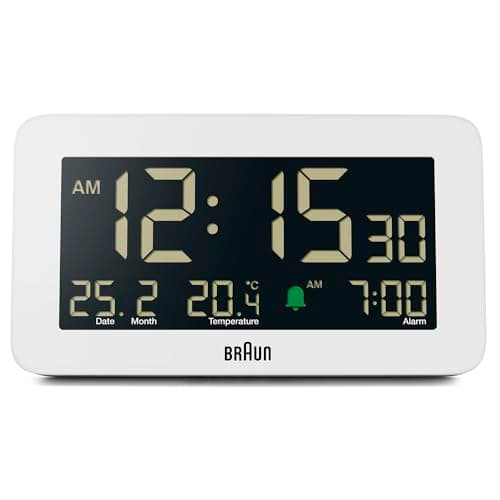 Image of Braun Digital Alarm Clock with Date, Month and Temperature Displayed, Negative LCD Display, Quick Set, Crescendo Beep Alarm in White, model BC10W.