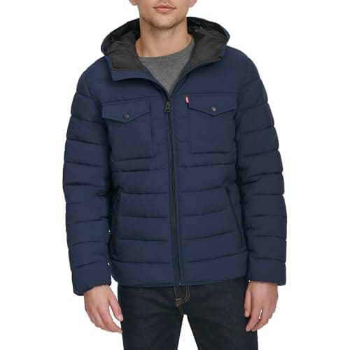 Image of Levi's Men's Water Resistant Performance Stretch Hooded Puffer Jacket, Navy, S