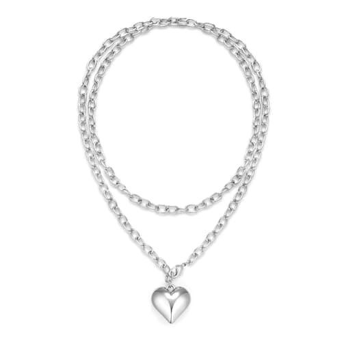 Image of WOWORAMA Silver Heart Necklace for Women Double Layered Puffy Heart Chain Necklace Trendy Chunky Long Statement Silver Necklaces
