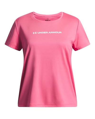 Image of Under Armour Girls' Tech Wordmark Graphic Short Sleeve, Fast-Drying Girls' T-Shirt Made of Ultra-Soft Fabric, Graphic Tee for Sports and Casual Wear,Super Pink / / White,YXS