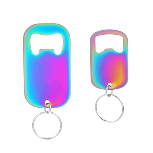 Image of 2 Pack Bottle Opener Keyring, Stainless Steel Keychain Bottle Opener in Rainbow Titanium Colour, Flat Beer Bottle Opener Keychain 5cm & 7cm for Bar Party Gift