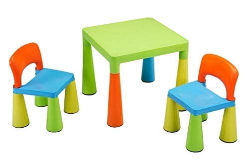 Image of Liberty House Toys Plastic Children's Table with 2 Chairs, Green, Orange, Blue, Yellow, 45.5cm H W x 50.8cm D