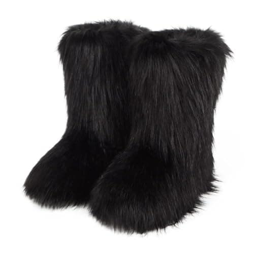 Image of ZOSCGJMY Faux Fur Boots for Women Fuzzy Fluffy Furry Round Toe Suede Winter Snow Boots Flat Shoes