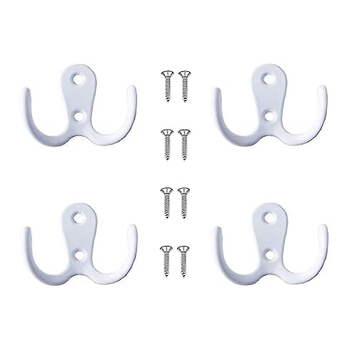 Image of Yesmin 4 Pcs Double Prong Robe Hooks, Dual Coat Hooks Wall Mounted Hanging Clothes for Bathroom Bedroom Door Wall Retro Metal Cloth Hanger Double Coat Hooks with 8 Screws (White)