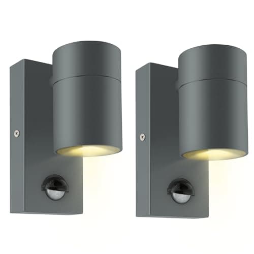 Image of Kerry Outdoor Motion Sensor Wall Lights, Downward Outside Lighting Mains Powered, IP44 Anthracite Grey Stainless Steel Downlight, Exterior PIR Detector Security Fixture for Front Door, Porch - 2 Pack