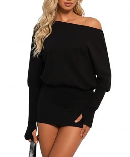 Image of Coloquin Womens Long Sleeve Off Shoulder Mini Dress Y2k Batwing Bodycon Dress Party Going Out Dresses Black Small