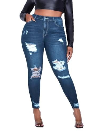 Image of Vaimti Plus Size Women's Distressed Ripped Denim Jeans, High Waist Skinny Fit (UK, Alpha, XL, Plus, Regular, Wathet Blue)