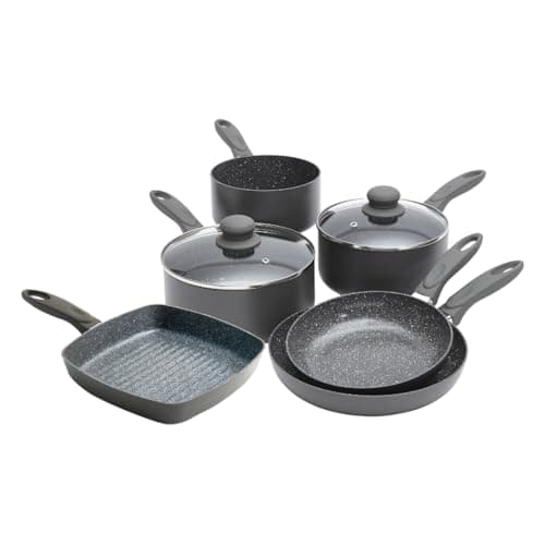 Image of Durastone Grey Non-Stick Cookware Set - Induction & All Hob Compatible with Glass Lids (6 Piece Pan Set Including Grill Pan, x3 Saucepans and x2 Frying Pans)