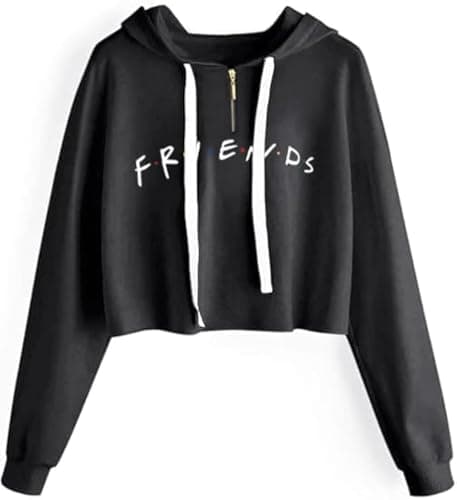 Image of Idepet Women's Casual Letters Print Crop Top Loose Pullover Friends Shirt Teen Girl TV Show Hoodie Sweatshirt, Zip Black, XS