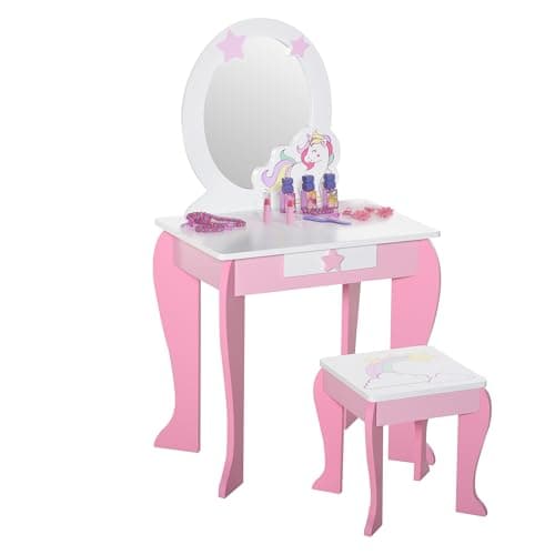 Image of HOMCOM Girls Dressing Table with Mirror, Stool, Kids Dressing Table, Unicorn-Designed Play Toy for Toddles Girls Age 3-6 Years, Acrylic Mirror, Pink and White