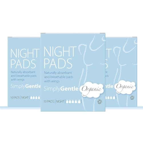 Image of Simply Gentle Organic Night Pads with Wings for Women, Ultra Absorbent, 100% Cotton, Thin and Breathable, Plastic Free, Leak Protection, Sanitary, Comfortable, for Sensitive Skin, 30 Pads (Pack of 3)