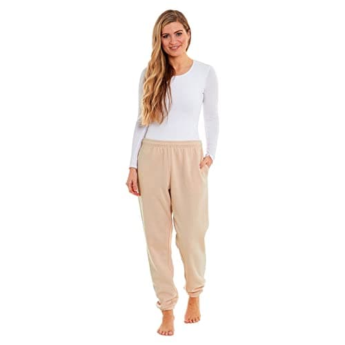 Image of MyShoeStore Women's Fleece Joggers Polycotton Tracksuit Bottoms with Elasticated Waistband Drawstring 3 Pockets Cuffed Ankle Relaxed Fit Beige Size 16-18