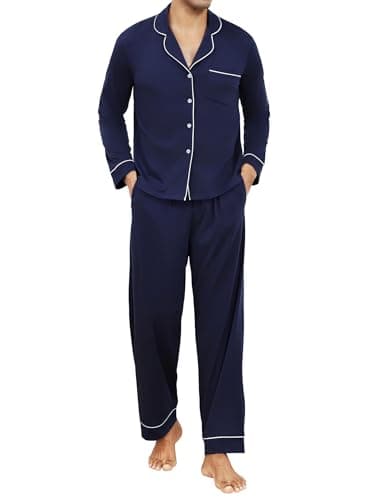 Image of Reliwel Men's Cotton Pyjamas Set Long Sleeve Button Down Shirt with Chest Pocket and Straight Leg Pants - Elasticated Waistband - winter Nightwear,Blue,XL