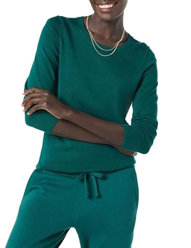 Image of Amazon Essentials Women's Long-Sleeve Lightweight Crewneck Jumper (Available in Plus Size), Dark Green, XS