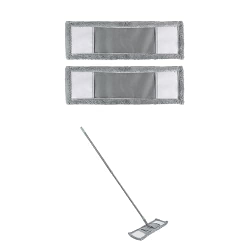 Image of JVL Extended Microfibre Mop with 2 Replacement Heads – Flat Floor Cleaner with Long Handle – Machine Washable & Reusable – Grey