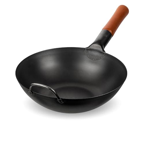 Image of YOSUKATA Carbon Steel Woks and Stir Fry Pans 30 cm - Traditional Chinese Japanese Wok with Flat Bottom - Compatible with Induction, Electric, Ceramic, Gas cooktops, and Open Flame, BBQ, Grill