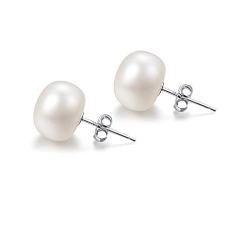 Image of Real 10MM White Pearl Earrings 925 Sterling Silver Flat Button Freshwater Cultured Pearl Stud Earrings