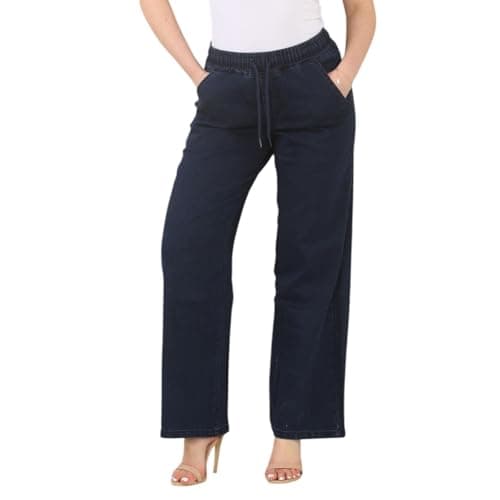 Image of MYT Womens Wide Jeans Elasticated High Waist Stretchy Baggy Straight Ladies Denim Trousers Pants All Waist Size Dark Stonewash 12 Short