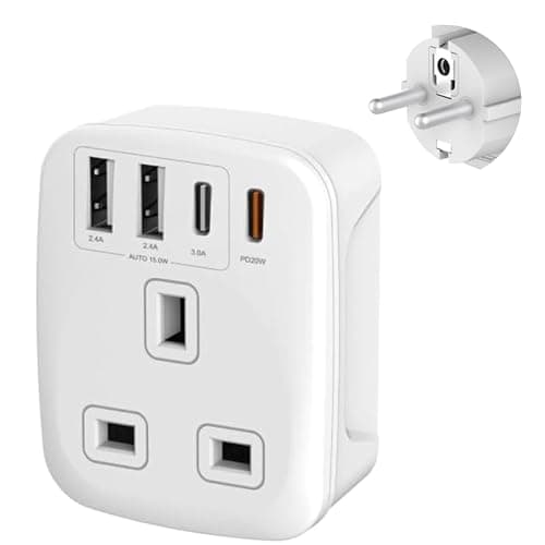 Image of Double Dragon 20W Fast Charging 5-in-1 UK to EU Travel Adapter | 2 USB-A & 2 USB-C Ports | Converts UK 3 PIN Plug to European 2 PIN Plug in Spain, France, Portugal, Germany, Greece, Italy, Sweden, etc