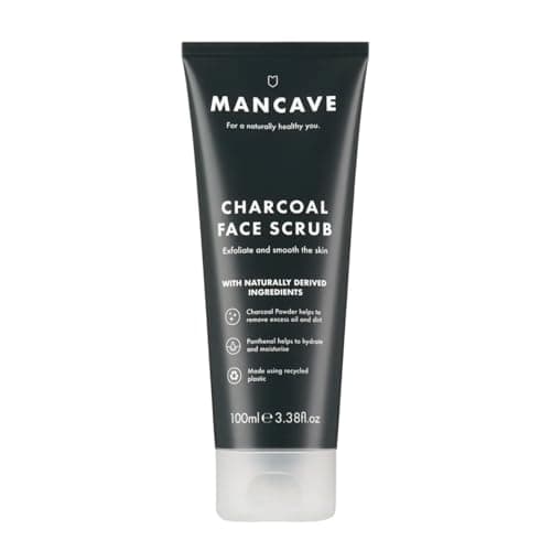 Image of ManCave Charcoal Face Scrub 100ml for Men, Exfoliate & Smooth Skin, Dermatlogically Tested, Natural Formulation, Vegan Friendly and Cruelty Free, Tube made from Recycled Plastics, Made in England