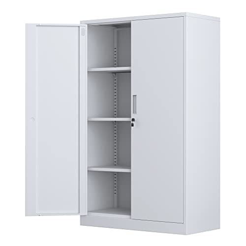 Image of iJINGUR Metal Storage Cabinet with Locking Doors and 3 Adjustable Shelves, Lockable Steel Storage Cupboard for Home Office Garage (White)