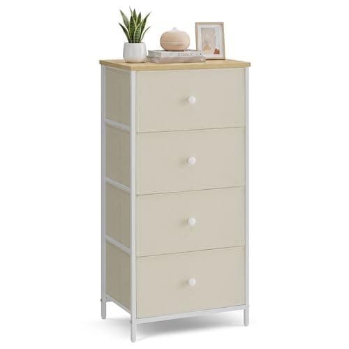 Image of SONGMICS Chest of Drawers Bedroom, Drawer Storage Unit, Dresser with 4 Fabric Drawers, Metal Frame, Tall and Slim, for Closet, Camel Yellow and Cream White LTS314W01