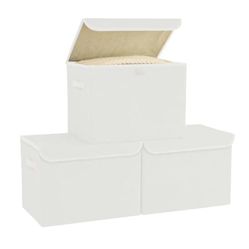 Image of Bagnizer Fabric Storage Boxes with Lids & Handles 3PCS Collapsible Storage Basket Bins for Clothes Toy Large Foldable Storage Box for Wardrobe Bedroom Office White 42x30x30CM