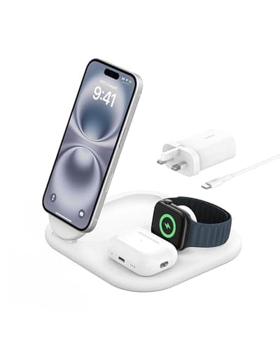 Image of Belkin BoostCharge 3-in-1 Magnetic Foldable Charger with Qi2 15W, MagSafe Compatible Fast Charger for iPhone 17, Air, 16, Pixelsnap, Apple Watch, AirPods with Non-Slip Base, PSU Included - White