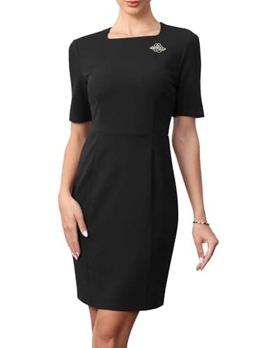 Image of Allegra K Sheath Pencil Dress for Women's Square Neck Short Sleeve Work Business Casual Cocktail Dresses Black M
