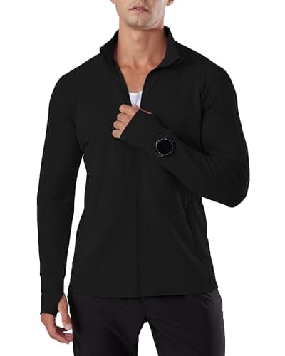 Image of Locachy Men's Lightweight Quick Dry Athletic Jacket Full Zip Stand Collar Running Workout Performance Shirt, Black, Large