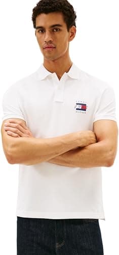 Image of Tommy Hilfiger Men’s Short Sleeve Flag Graphic Pique Regular Fit Polo Shirt, White (Ecru), XL