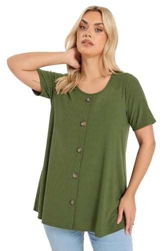 Image of Yours Curve Green Button Front Ribbed Swing Top - Women's - Plus Size Curve