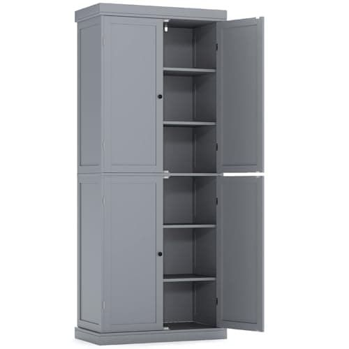 Image of TANGZON Tall Kitchen Cupboard, Tall Storage Cabinet with 4 Doors & 2 Adjustable Shelves, Freestanding Wooden Sideboard Unit for Pantry Dining Living Room (76 x 40 x 184cm, 6-Tier, Grey)