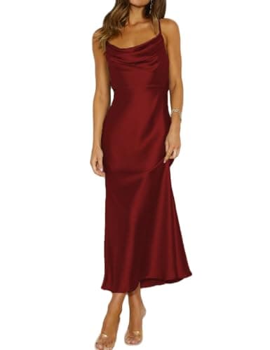 Image of Summer Satin Spaghetti Strap Cowl Neck Backless Midi Dresses for Women Elegant Tie Low Back Ruched Cocktail Dress, Burgundy, M