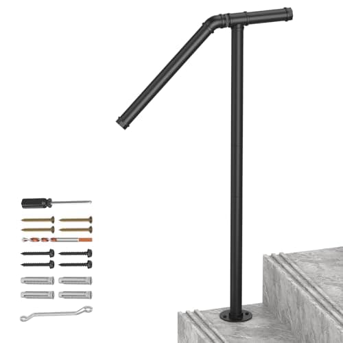 Image of LIANTRAL Adjustable Outdoor Handrails for Stairs, Single Post Stair Railing, Wrought Iron Hand Rails Stairs for Outdoor Steps Fit 1-2 Steps, Stair Railing Handrail, Black