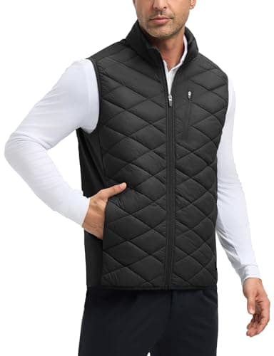 Image of baleaf Men's Puffer Gilet Vest Outerwear Golf Sleeveless Jacket Waistcoats Water-Resistant Lightweight Pockets Windproof Winter Black S