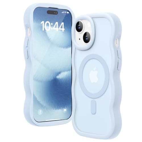 Image of Amzfield Magnetic for iPhone 14 Plus /15 Plus Case - Compatible with MagSafe Wavy Frame Cute Design, Translucent Matte Hard Back Silicone Bumper, Shockproof Protective Cover for Women, Light Blue