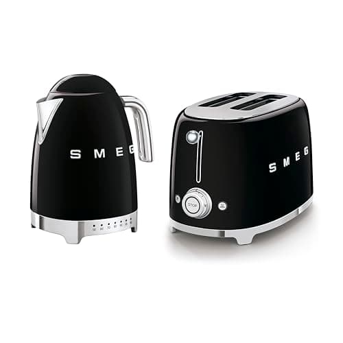 Image of Smeg 50’s Style Retro Range Breakfast Set, 1.7L 3000W Variable Temperature Kettle and Multi-Functional Control 2-Slice 950W Toaster, Black, KLF04BLUK/ TSF01BLUK