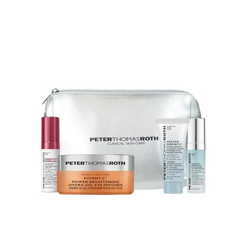 Image of Peter Thomas Roth Deluxe Skincare Gift & Travel Set – 4-Piece with Full-Size Potent-C™ Eye Patches, Retinol Serum Mini, Hyaluronic Moisturiser & Glow Serum + Silver Cosmetic Bag